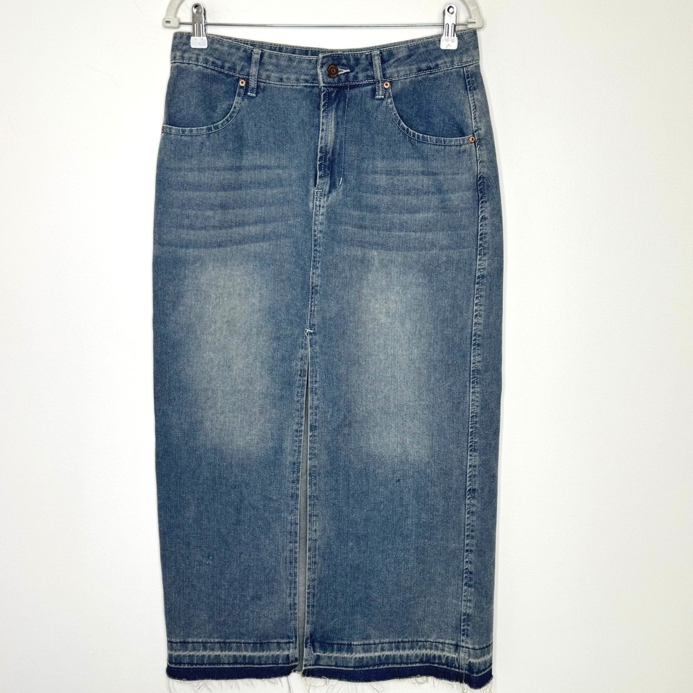 Happily Grey Denim Maxi Skirt Raw Hem Size 9/28